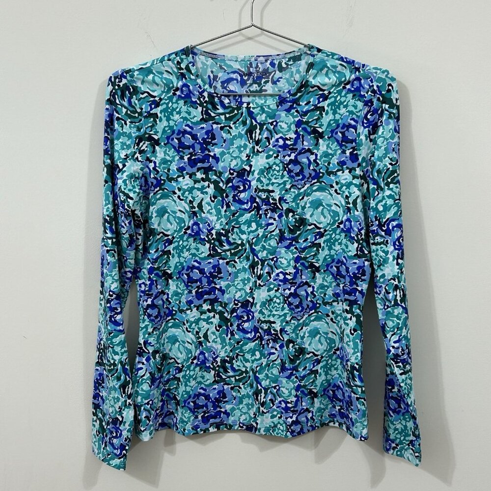 Lands' End Women's LS Rash Guard Swim Tee XS Deep Sea Avery Waves Preowned